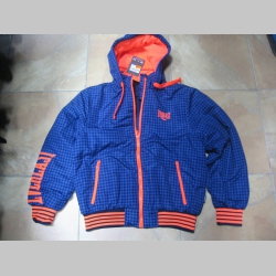  Everlast zimná bunda modré káro s kapucou a zipsovými vreckami po bokoch s oranžovým nápisom na rukáve, materiál 100%polyester