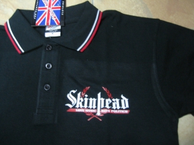 Skinhead Love music Hate Politics!  čierna polokošela s červenobielym lemovaním okolo límčekov a rukávov 