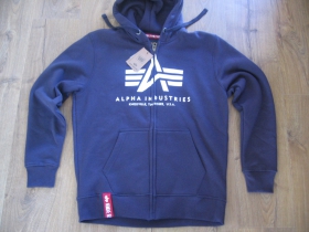 Alpha Industries, hrubá tmavomodrá mikina na zips s kapucou a tlačeným logom s klokankovým vreckom vpredu 80%bavlna 20%polyester 