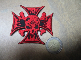 Kríž s lebkou červenočierna vyšívaná nažehľovacia nášivka (možnosť nažehliť alebo našiť na odev) 
