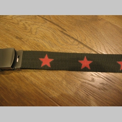 ROCK STARS - Hviezdy - olivovo zelený textilný opasok s červenými hviezdami, univerzálna nastaviteľná veľkosť max dĺžka 120cm materiál 100% polyester + kovová spona šírka opasku: 3cm