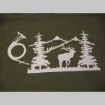 Polovnícka pánska mikina s kapucou stiahnuteľnou šnúrkami a klokankovým vreckom vpredu, s lesníckym motívom Polovnícka pánska mikina s kapucou stiahnuteľnou šnúrkami a klokankovým vreckom vpredu, s lesníckym motívom