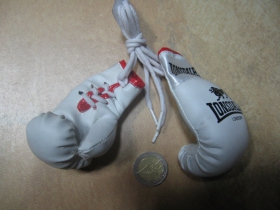 Biele Lonsdale mini Boxerské rukavice prívesok na šnúrke vhodný aj do interiéru auta pre zavesenie na spätné zrkadlo (cena za jeden zviazaný pár)