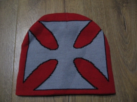 Templársky kríž červená čiapka so šedým krížom zimná čiapka materiál 80%akryl 20%spandex univerzálna veľkosť