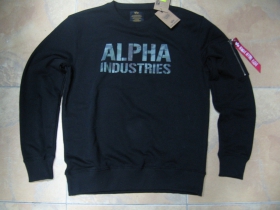 Alpha Industries, hrubá čierna mikina s tlačeným maskovacím logom, materiál: 80%bavlna 20%polyester, zips v štýle "BOMBER" na rukáve