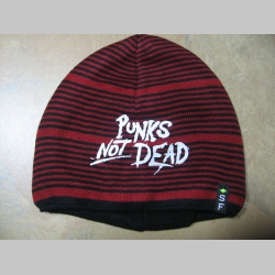 Punks not dead hrubá zimná červenočierna čiapka s tlačeným logom, materiál 100%akryl univerzálna veľkosť 