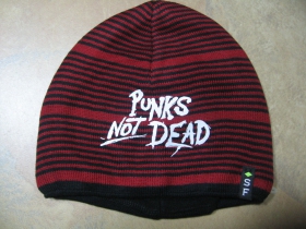 Punks not dead hrubá zimná červenočierna čiapka s tlačeným logom, materiál 100%akryl univerzálna veľkosť 