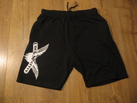 Cock Sparrer   čierne tepl&aacute;kov&eacute; kraťasy s tlačen&yacute;m logom