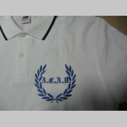 A.C.A.B. biela polokošela s tlačeným logom a modrými lemami okolo rukávov a límcov, 100%bavlna posledný kus veľkosť S