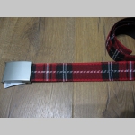TARTAN - červeno-bielo-čierny textilný opasok " Škótske káro " so zapínaním na posuvnú kovovú pracku, univerzálna nastaviteľná dĺžka, šírka 37mm