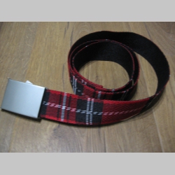 TARTAN - červeno-bielo-čierny textilný opasok " Škótske káro " so zapínaním na posuvnú kovovú pracku, univerzálna nastaviteľná dĺžka, šírka 37mm
