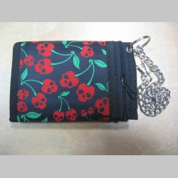čerešne - smrtky,  hrubá pevná textilná peňaženka s retiazkou a karabínkou