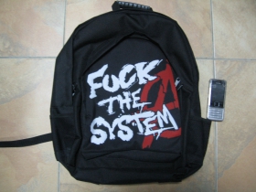 Fuck The System  ruksak čierny, 100% polyester. Rozmery: Výška 42 cm, šírka 34 cm, hĺbka až 22 cm pri plnom obsahu