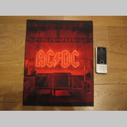 AC/DC chrbtová ofsetová nášivka po krajoch neobšívaná rozmery cca. výška 36cm, šírka naspodu 26cm, šírka hore 29cm
