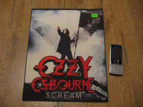 Ozzy Osbourne chrbtová ofsetová nášivka po krajoch neobšívaná rozmery cca. výška 36cm, šírka naspodu 26cm, šírka hore 29cm