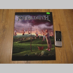 Megadeth chrbtová ofsetová nášivka po krajoch neobšívaná rozmery cca. výška 36cm, šírka naspodu 26cm, šírka hore 29cm