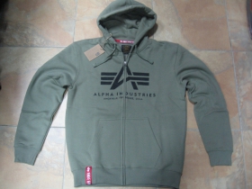 Alpha Industries, hrubá olivová mikina na zips s kapucou a tlačeným logom s klokankovým vreckom vpredu 80%bavlna 20%polyester 