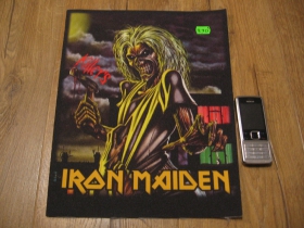 Iron Maiden chrbtová ofsetová nášivka po krajoch neobšívaná rozmery cca. výška 36cm, šírka naspodu 26cm, šírka hore 29cm