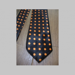 čierna kravata s väčšími oranžovými bodkami - maximálna šírka 8cm minimálna šírka 3cm materiál 100% hodváb