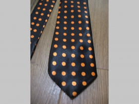 čierna kravata s väčšími oranžovými bodkami - maximálna šírka 8cm minimálna šírka 3cm materiál 100% hodváb