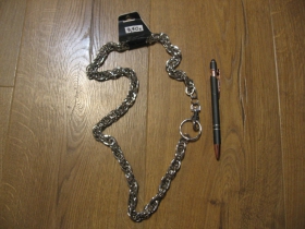 chrómovaná kovová reťazová kľúčenka na nohavice na koncoch s krúžkom a karabínkou dĺžka cca. 80cm hrúbka 12mm
