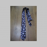 čierno-fialovo-biela kravata so vzorom smrtky - lebky - maximálna šírka 8cm minimálna šírka 3cm materiál 100% hodváb