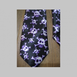 čierno-fialovo-biela kravata so vzorom smrtky - lebky - maximálna šírka 8cm minimálna šírka 3cm materiál 100% hodváb