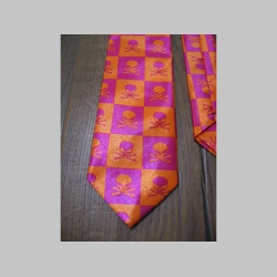 Fialovooranžová kravata so vzorom smrtky - lebky - maximálna šírka 8cm minimálna šírka 3cm materiál 100% hodváb