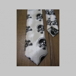 bieločierna kravata so vzorom smrtky - lebky - maximálna šírka 8cm minimálna šírka 3cm materiál 100% hodváb