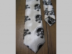 bieločierna kravata so vzorom smrtky - lebky - maximálna šírka 8cm minimálna šírka 3cm materiál 100% hodváb