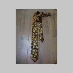 čiernooranžová kravata so vzorom smrtky - lebky - maximálna šírka 8cm minimálna šírka 3cm materiál 100% hodváb