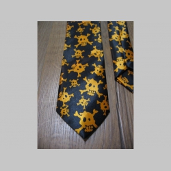 čiernooranžová kravata so vzorom smrtky - lebky - maximálna šírka 8cm minimálna šírka 3cm materiál 100% hodváb