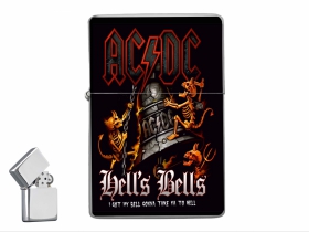 AC/DC Hells Bells - doplňovací benzínový zapalovač s vypalovaným obrázkom (balené v darčekovej krabičke)