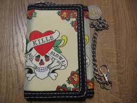 LOVE KILLS SLOWLY - ruže, srdce, lebka - smrtka   pevná textilná peňaženka s retiazkou a karabínkou