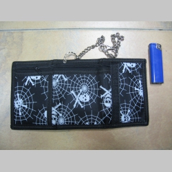 Textilná peňaženka s vyšívanou pavučinou a smrtkami , retiazkou a karabínkou, zapínanie na suchý zips