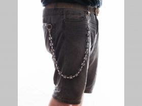 SKULL - lebka  kocky - smrtka kovová reťazová kľúčenka na nohavice na koncoch s krúžkom a karabínkou dĺžka cca. 80cm
